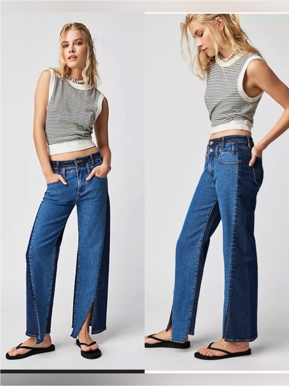Free People’s DRIFTWOOD Cece Jeans two-toned slit hem wide leg jeans size 32